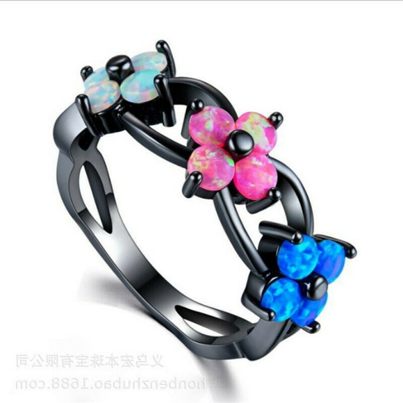 Black Gold Filled Fire Opal Floral Ring - Picture 3 of 5